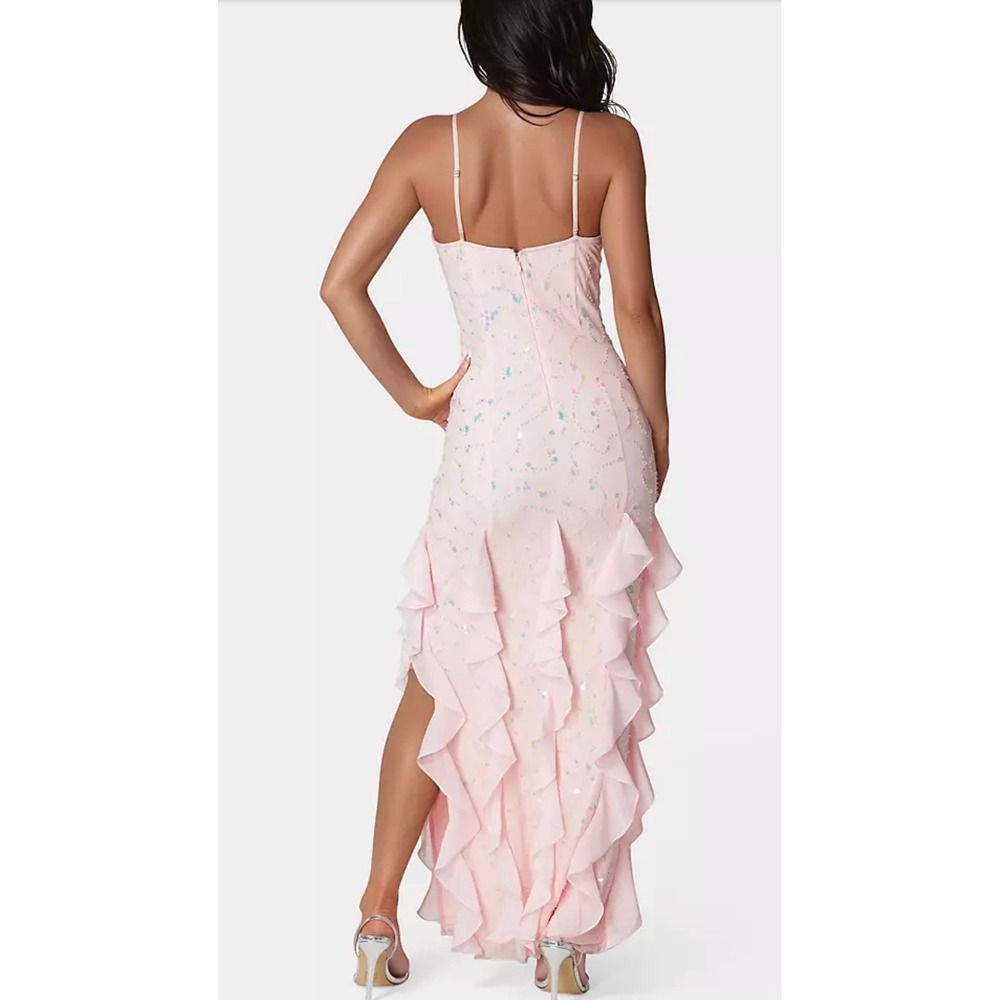 Bebe Cascade Beaded Mesh Gown Blush Pink Sequin Ruffle Formal Dress BEBE1324 S - Picture 5 of 6